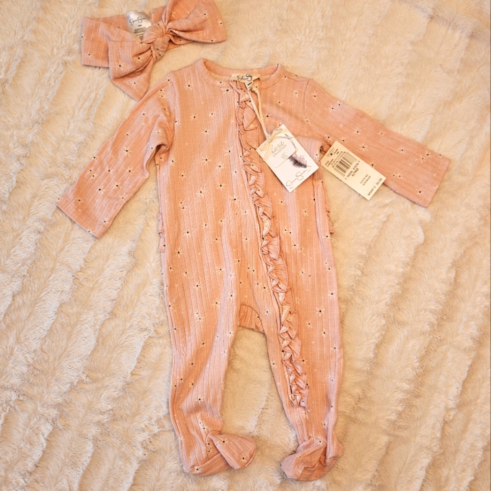 Daisy Pink Ribbed Footie Pajama Ruffle Butt with Bow Jessica Simpson 6-9 Months